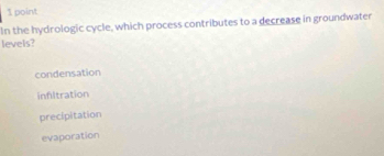 In the hydrologic cycle, which process contributes to a decrease in groundwater
levels?
condensation
infitration
precipitation
evaporation