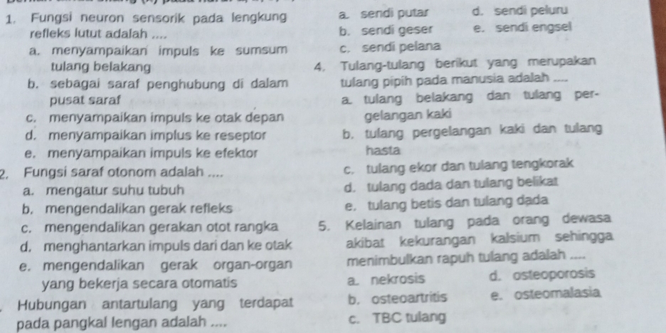 Fungsi neuron sensorik pada lengkung a sendi putar d， sendi peluru
refleks lutut adalah .... b. sendi geser e. sendi engsel
a. menyampaikan impuls ke sumsum c. sendi pelana
tulang belakang 4, Tulang-tulang berikut yang merupakan
b. sebagai saraf penghubung di dalam tulang pipih pada manusia adalah_
pusat saraf a. tulang belakang dan tulang per-
c. menyampaikan impuls ke otak depan gelangan kaki
d. menyampaikan implus ke reseptor b, tulang pergelangan kaki dan tulang
e. menyampaikan impuls ke efektor hasta
2. Fungsi saraf otonom adalah .... c. tulang ekor dan tulang tengkorak
a. mengatur suhu tubuh d. tulang dada dan tulang belikat
b, mengendalikan gerak refleks e， tulang betis dan tulang dada
c. mengendalikan gerakan otot rangka 5. Kelainan tulang pada orang dewasa
d. menghantarkan impuls dari dan ke otak akibat kekurangan kalsium sehingga
e. mengendalikan gerak organ-organ menimbulkan rapuh tulang adalah ....
yang bekerja secara otomatis a. nekrosis d. osteoporosis
Hubungan antartulang yang terdapat b. osteoartritis e. osteomalasia
pada pangkal lengan adalah .... c. TBC tulang