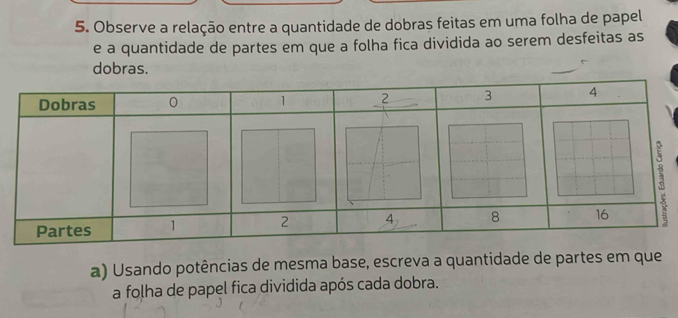 Observe a relação entre a quantidade de dobras feitas em uma folha de papel 
e a quantidade de partes em que a folha fica dividida ao serem desfeitas as 
dobras. 
a) Usando potências de mesma base, escreva a quantidade de partes em que 
a folha de papel fica dividida após cada dobra.