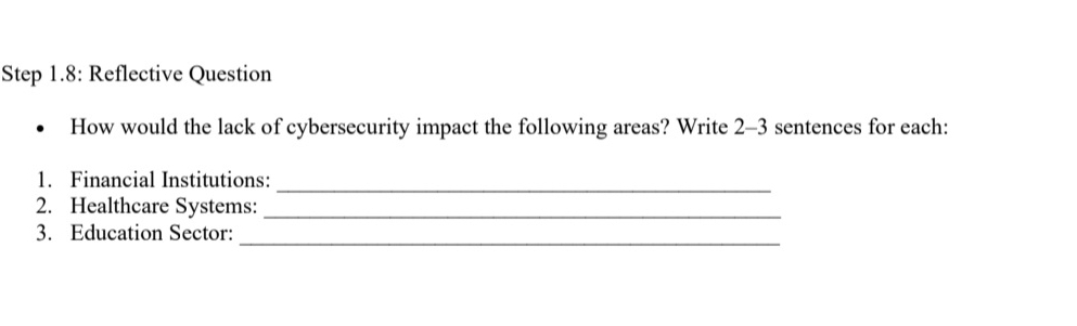 Step 1.8: Reflective Question 
How would the lack of cybersecurity impact the following areas? Write 2-3 sentences for each: 
1. Financial Institutions:_ 
2. Healthcare Systems:_ 
_ 
3. Education Sector: