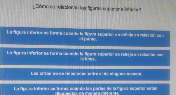 ¿Cómo se relacionan las figuras superior e inferior?
La figura inferior se forma cuando la figura superior se refleja en relación con
el punto.
La figura inferior se forma cuando la figura superior se refleja en relación con
la línea.
Las cifras no se relacionan entre sí de ninguna manera.
La figura inferior se forma cuando las partes de la figura superior están
dispuestas de manera diferente.