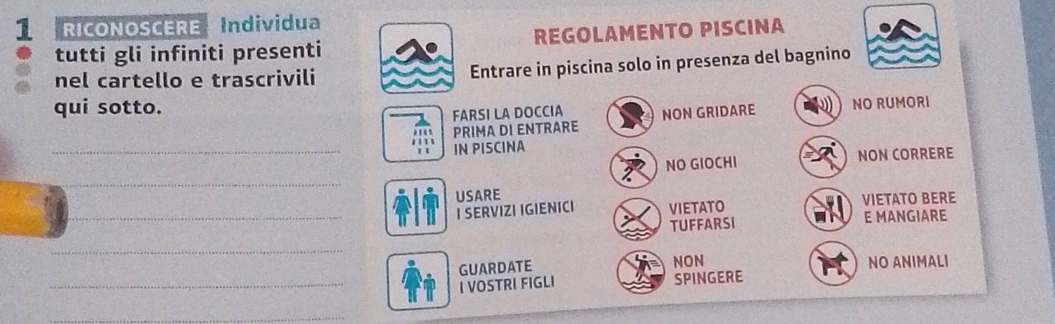 RICONOSCERE Individua 
tutti gli infiniti presenti REGOLAMENTO PISCINA 
nel cartello e trascrivili 
Entrare in piscina solo in presenza del bagnino 
qui sotto. 
FARSI LA DOCCIA NO RUMORI 
PRIMA DI ENTRARE NON GRIDARE 
_ 
IN PISCINA 
NO GIOCHI NON CORRERE 
_ 
USARE VIETATO BERE 
_I SERVIZI IGIENICI VIETATO 
TUFFARSI E MANGIARE 
_ 
NON 
GUARDATE NO ANIMALI 
_I VOSTRI FIGLI SPINGERE 
_