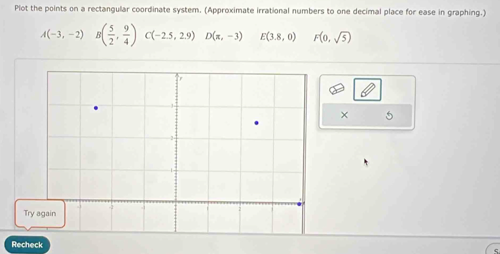 Plot the points on a rectangular coordinate system. (Approximate irrational numbers to one decimal place for ease in graphing.)
A(-3,-2) B( 5/2 , 9/4 ) C(-2.5,2.9) D(π ,-3) E(3.8,0) F(0,sqrt(5))
× 
Recheck