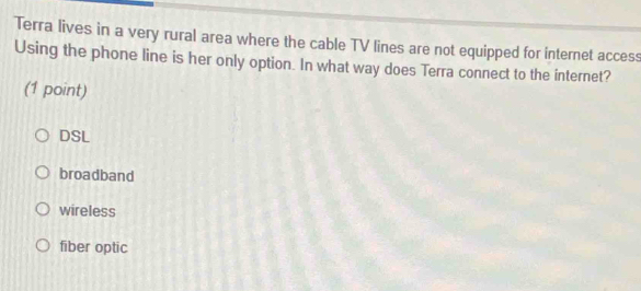 Terra lives in a very rural area where the cable TV lines are not equipped for internet access
Using the phone line is her only option. In what way does Terra connect to the internet?
(1 point)
DSL
broadband
wireless
fiber optic