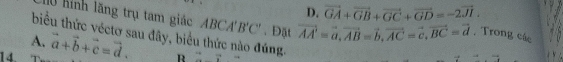 hình lăng trụ tam giác
D. vector GA+vector GB+vector GC+vector GD=-2vector JI. 
biểu thức véctơ sau đây, biểu thức nào đúng. R ...^circ 
A.
14. vector a+vector b+vector c=vector d. ABCA'B'C'. Đặt vector AA'=vector a, vector AB=vector b, vector AC=vector c, vector BC=vector d. Trong các