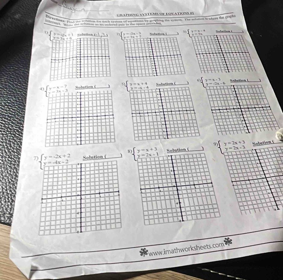 GRAPHING SVSTEMS OF EQUATIONS #1
Direction. Fod the solution for each system of equations by graphing the system. The solution is where the graphy
infersect. Whre the solution as an ordered pair in the space provided
D  on (-1 2)beginarrayl y=-2x+3 y=3x+7 hline endarray Solution (  3)
  
6
Solution ( ) 
Solution ( n ( 
7
www.imathworksheets.com