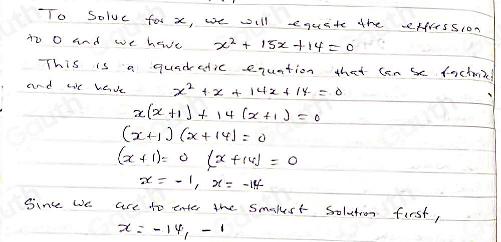 Solved: Solve for x. x^2+15x+14 x=[?], Enter the smallest solution ...