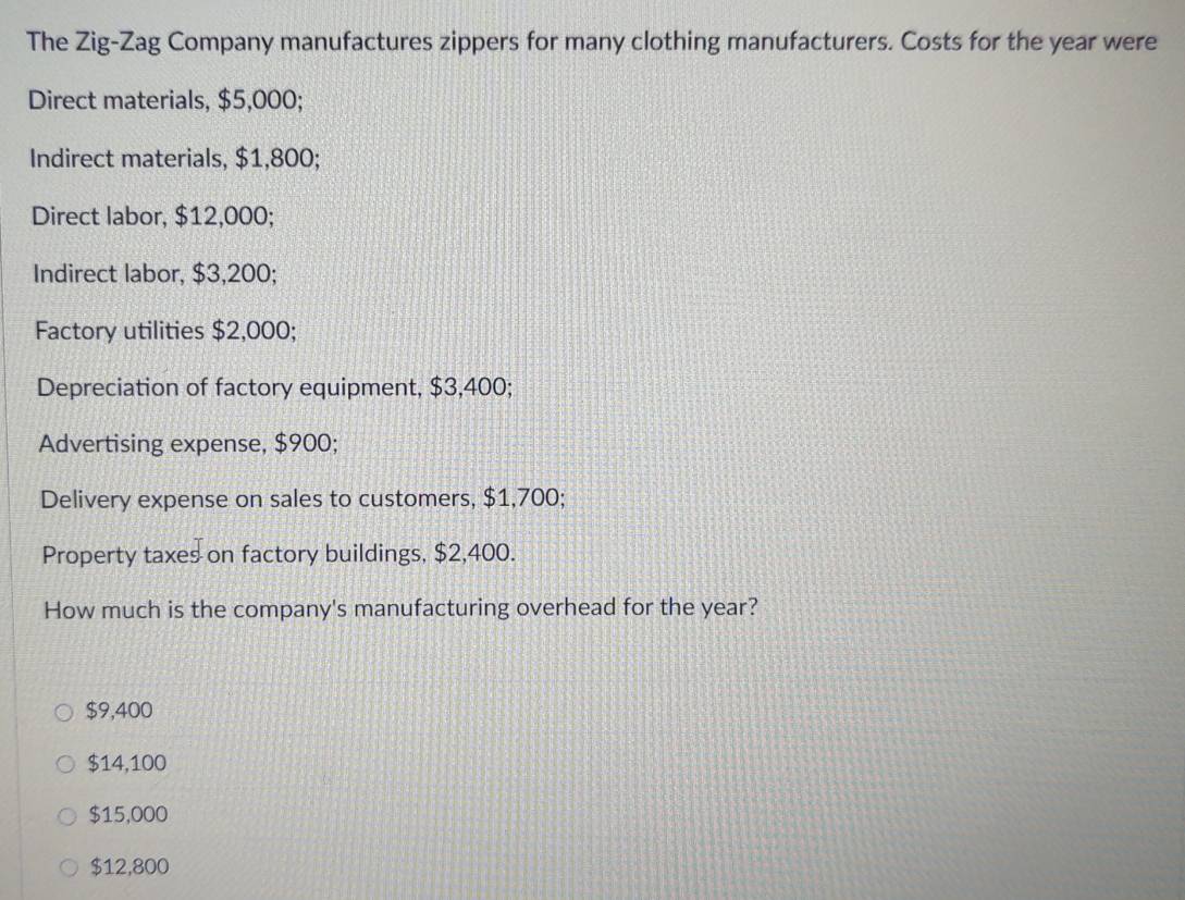 The Zig-Zag Company manufactures zippers for many clothing manufacturers. Costs for the year were
Direct materials, $5,000;
Indirect materials, $1,800;
Direct labor, $12,000;
Indirect labor, $3,200;
Factory utilities $2,000;
Depreciation of factory equipment, $3,400;
Advertising expense, $900;
Delivery expense on sales to customers, $1,700;
Property taxes on factory buildings, $2,400.
How much is the company's manufacturing overhead for the year?
$9,400
$14,100
$15,000
$12,800