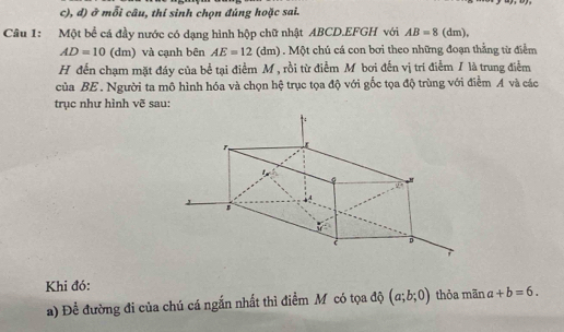 đ) ở mỗi câu, thí sinh chọn đúng hoặc sai. 
Câu 1: Một bể cá đầy nước có dạng hình hộp chữ nhật ABCD.EFGH với AB=8(dm),
AD=10 (dm) và cạnh bên AE=12(dm). Một chủ cá con bơi theo những đoạn thắng từ điểm 
H đến chạm mặt đáy của bể tại điểm M , rồi từ điểm M bơi đến vị tri điểm / là trung điểm 
của BE. Người ta mô hình hóa và chọn hệ trục tọa độ với gốc tọa độ trùng với điểm A và các 
trục như hình vẽ sau: 
y
D
Khi đó: 
a) Để đường đi của chú cá ngắn nhất thì điểm Mỹ có tọa độ (a;b;0) thỏa mãn a+b=6.