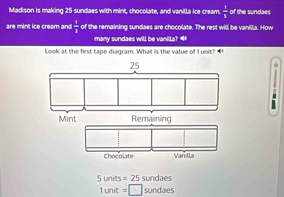 Madison is making 25 sundaes with mint, chocolate, and vanilla ice cream.  1/5  of the sundaes 
are mint ice cream and  1/2  of the remaining sundaes are chocolate. The rest will be vanilla. How 
many sundaes will be vanilla? 
Look at the first tape diagram. What is the value of 1 unit?
25
Mint Remaining 
Chocolate Vanilla
5U nits C =25 sundaes
1 unit =□ sundaes