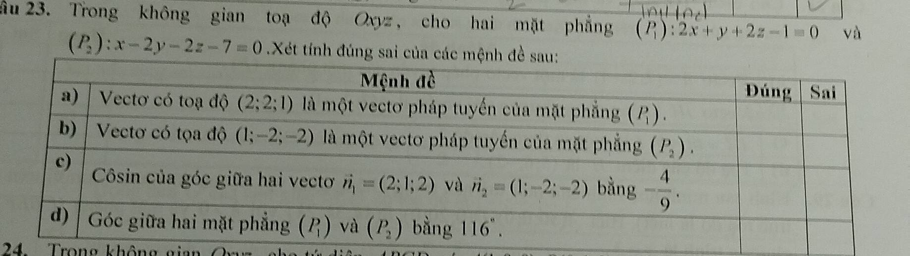 âu 23. Trong không gian toạ độ Oxyz , cho hai mặt phẳng (P_1endpmatrix :2x+y+2z-1=0 và
(P_2):x-2y-2z-7=0 Xét tính đúng sai của các mệnh 
24  Trong không