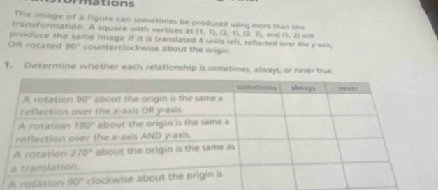 mations
The image of a figure can sometimes be produced using more than one
transformation. A square with vertices at (1,1),(2,1),(2,2) , and (1,2) will
procuce the samé image if it is translated 4 units left, reflected over the y-axis,
OR rotated 90° counterclockwise about the origin.
1. Determine whether each relationship is sometimes, always, or never true.
A rot