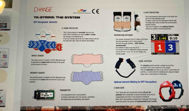 CHANGE
E-POOT PROTECTON
TK-STRIKE: THE SYSTEM The f tst anstacion have senson in the notes om 
WTF Recognized elements The cotae tatrs does not affect the communicaation
E-TRUNK PROTECTION        They cat te eahed in the eaiing nactine 
The E trunk prdector is reversible, than and red
ten it the E antacions as wt by water o se.
s RECEVER AND SOFTINARE      
the scors s not affected ot a The rocelver connected to the PC obtains informutos 1:
The vd poed ana. They ane peecoe and to fes from the taramiter in the C. trunk prcfeutor nd tom the ue oettoks - 10P wirees 
conmunication
The mimum wel for waild aorts coser femtoe 3
=  ne oer te sit fort 1 up b 100 so iny cnear dn
NIACT SENSOR
The impact sersor is located in all the valle point ane
and the speed of the kick. It calculstes the impant level according to the power
The eteress sysficks provds a umpler se up of te competition and a freer movement of the sdoes 
They are erganomic and eay to ase, with a 1-gant bution for
PROXMITY SENSOR punches, a 2 paint buor for valdating dut chapi and dayee
chepi, and a 3-pant bution for head wok
The sepcnity sansor is tocated in al the willd ooinf wed
It recognizes the contact with the serson in the E-loot pefecten Octional element (Waiting for Recognition
TRANSMTTON E-HEAD GEAR
The C feed over also incomporates sonsors all over the
prsfecter and a tommiter. Is ooverr thestold sso be st w
It is connected to the E-trurk ordector ecegendently fom the L -tynk antecions teesnon
the impact level and dertifying saild attado It secatives information from the sonoors, CalculetinG Wither the C foot prosector contacts the E fead gear with enough
d a sr te set a atonticaly soe I ot