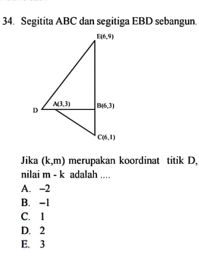 Segitita ABC dan segitiga EBD sebangun.
Jika (k,m) merupakan koordinat titik D,
nilai m-k adalah ....
A. -2
B. -1
C. 1
D. 2
E. 3