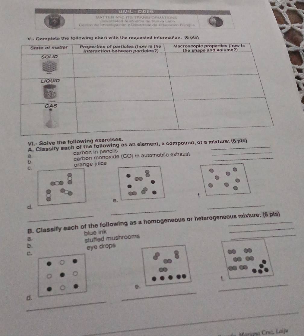 UANL · CIDEB 
MATTER AND ITS TRANSE ORMATIONS 
Universidad Autónoma de Nuzvo León 
Centro de Investigación y Desiarrollo de Educación Bilingue 
the following chart with the requested information. (6 pts) 
VI.- Solve the following exercises. 
A. Classify each of the following as an element, a compound, or a mixture: (6 pts) 
a. carbon in pencils 
carbon monoxide (CO) in automobile exhaust_ 
_ 
b. 
orange juice 
C. 
f. 
e. 
_ 
d. 
_ 
_ 
B. Classify each of the following as a homogeneous or heterogeneous mixture: (6 pts) 
blue ink 
a 
stuffed mushrooms 
b. 
C. eye drops 
t. 
_ 
e. 
_ 
_ 
d. 
Mariana Cruz, Laiju