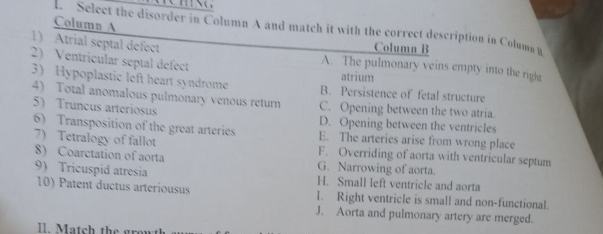 Column A
1. Select the disorder in Column A and match it with the correct description in Column B
Column B
1) Atrial septal defect A. The pulmonary veins empty into the right
2) Ventricular septal défect atrium
3) Hypoplastic left heart syndrome B. Persistence of fetal structure
4) Total anomalous pulmonary venous return C. Opening between the two atria.
5) Truncus arteriosus D. Opening between the ventricles
6) Transposition of the great arteries E. The arteries arise from wrong place
7) Tetralogy of fallot F. Overriding of aorta with ventricular septum
8) Coarctation of aorta G. Narrowing of aorta.
9) Tricuspid atresia H. Small left ventricle and aorta
10) Patent ductus arteriousus l. Right ventricle is small and non-functional.
J. Aorta and pulmonary artery are merged.
II. Match the growth