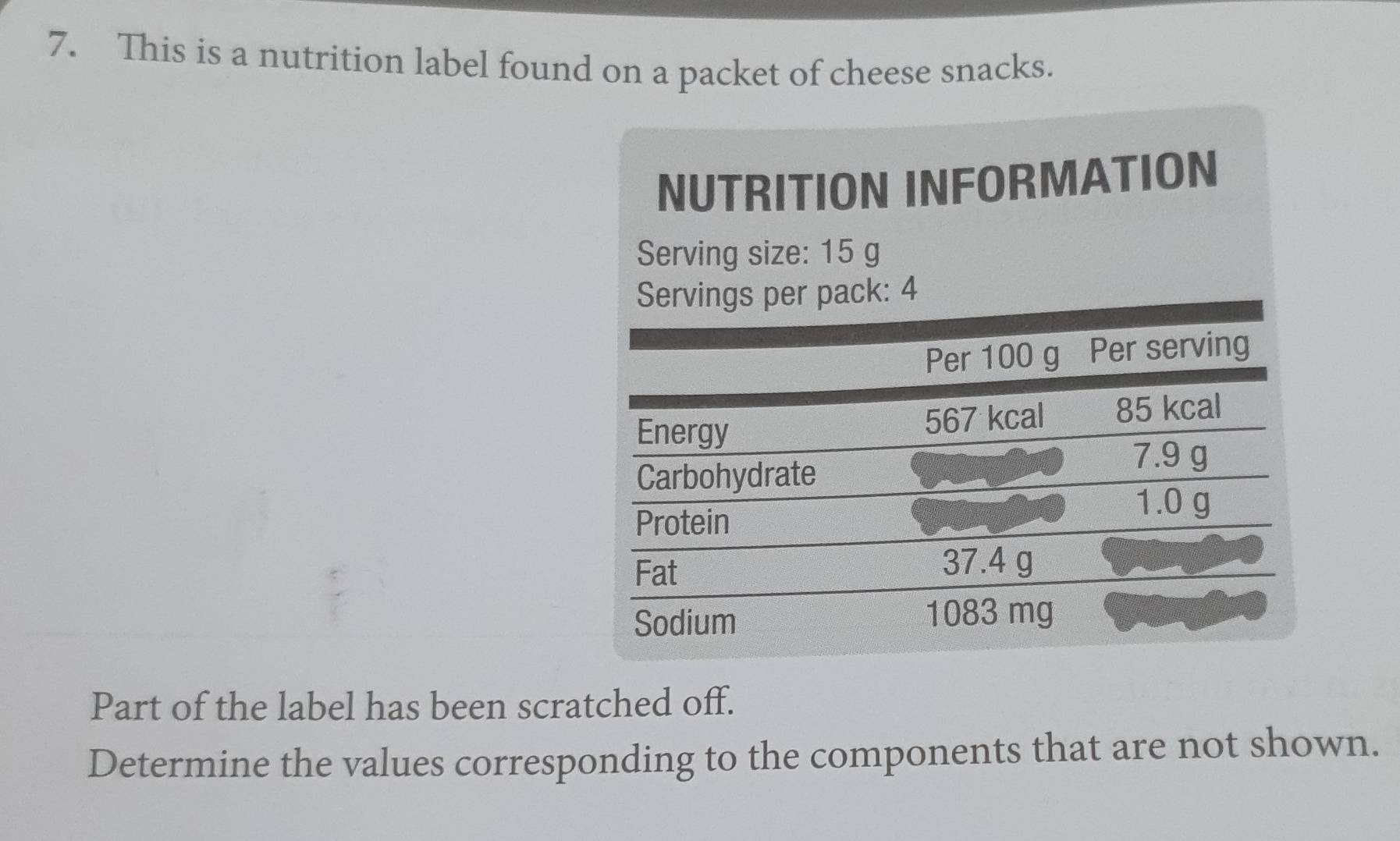 This is a nutrition label found on a packet of cheese snacks. 
NUTRITION INFORMATION 
Serving size: 15 g
Part of the label has been scratched off. 
Determine the values corresponding to the components that are not shown.