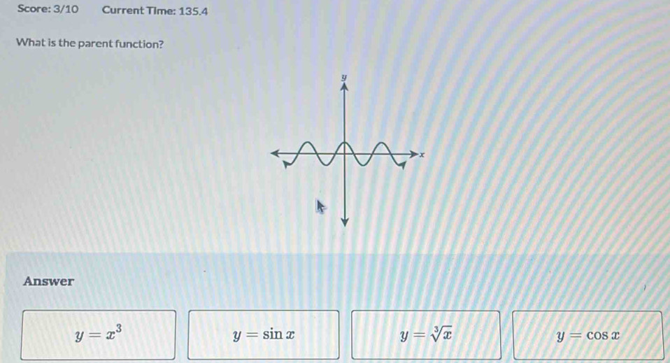 Score: 3/10 Current Time: 135.4
What is the parent function?
Answer
y=x^3
y=sin x
y=sqrt[3](x)
y=cos x