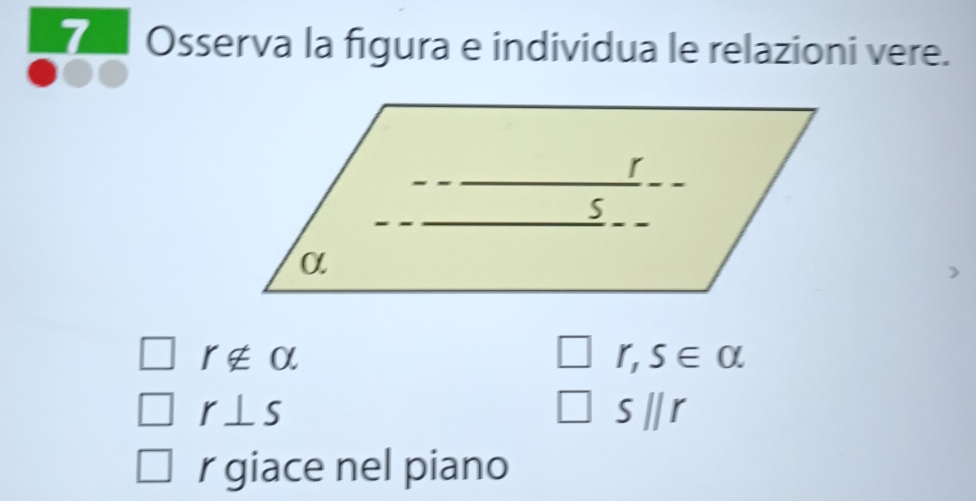 Osserva la figura e individua le relazioni vere.
r∉ alpha
r,S∈ 0.
r⊥ s
S||r
r giace nel piano