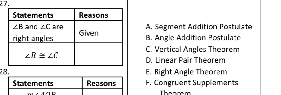 A. Segment Addition Postulate
B. Angle Addition Postulate
C. Vertical Angles Theorem
D. Linear Pair Theorem
28. E. Right Angle Theorem
F. Congruent Supplements
Theorem