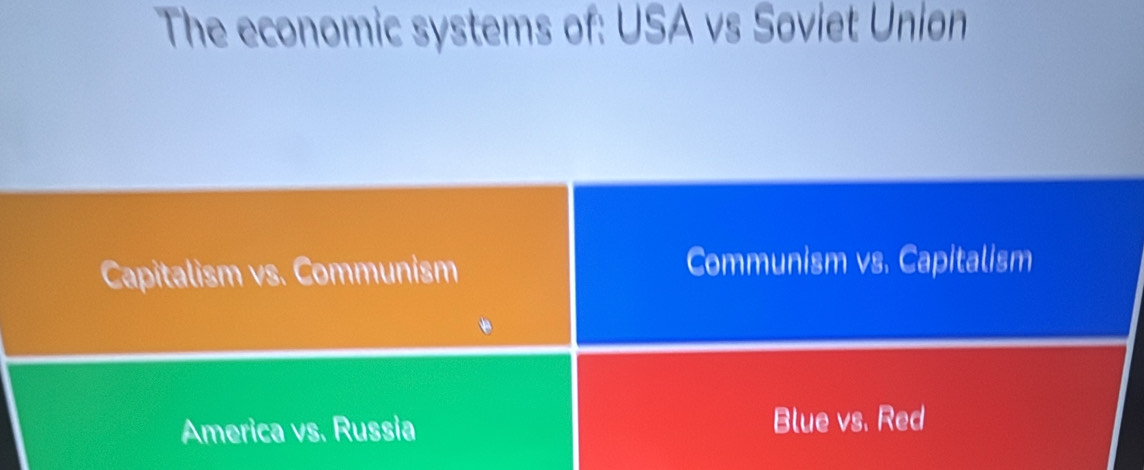 The economic systems of: USA vs Soviet Union
Capitalism vs. Communism Communism vs. Capitalism
America vs. Russia Blue vs. Red