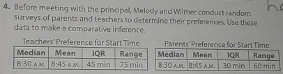 Before meeting with the principal, Melody and Wilmer conduct random
surveys of parents and teachers to determine their preferences. Use these
data to make a comparative inference.
Teachers' Preference for Start Time Parents' Preference for Start Time