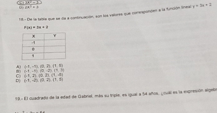 a 3x^2-3
D) 2X^3+3
18.- De la tabla que se da a continuación, son los valores que corresponden a la función lineal y=3x+2
F(x)=3x+2
A) (-1,-1), (0,2), (1,5)
B) (-1,-1), (0,-2), (1,3)
C) (-1,2), (0,2), (1,-5)
D) (-1,-2), (0,2), (1,5)
19.- El cuadrado de la edad de Gabriel, más su triple, es igual a 54 años, ¿cual es la expresión algebr