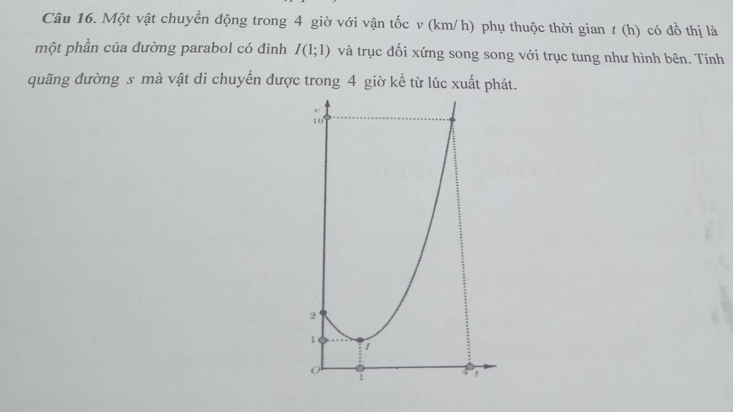 Một vật chuyển động trong 4 giờ với vận tốc v (km/ h) phụ thuộc thời gian t(h) có vector dpartial  thị là 
một phần của đường parabol có đỉnh I(1;1) và trục đối xứng song song với trục tung như hình bên. Tính 
quãng đường s mà vật di chuyển được trong 4 giờ kể từ lúc xuất phát.