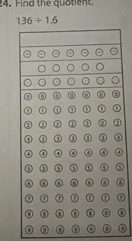 Find the quotient.
136/ 1.6
6
7
8
9 9 9 99