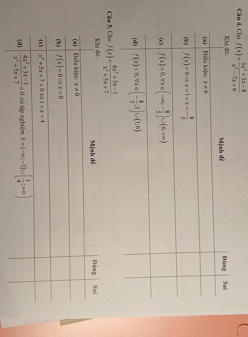 Cho f(x)= (5x^2+3x-8)/x^2-7x+6 .
Câu 5. Cho f(x)= (4x^2+3x-1)/x^2+5x+7 .