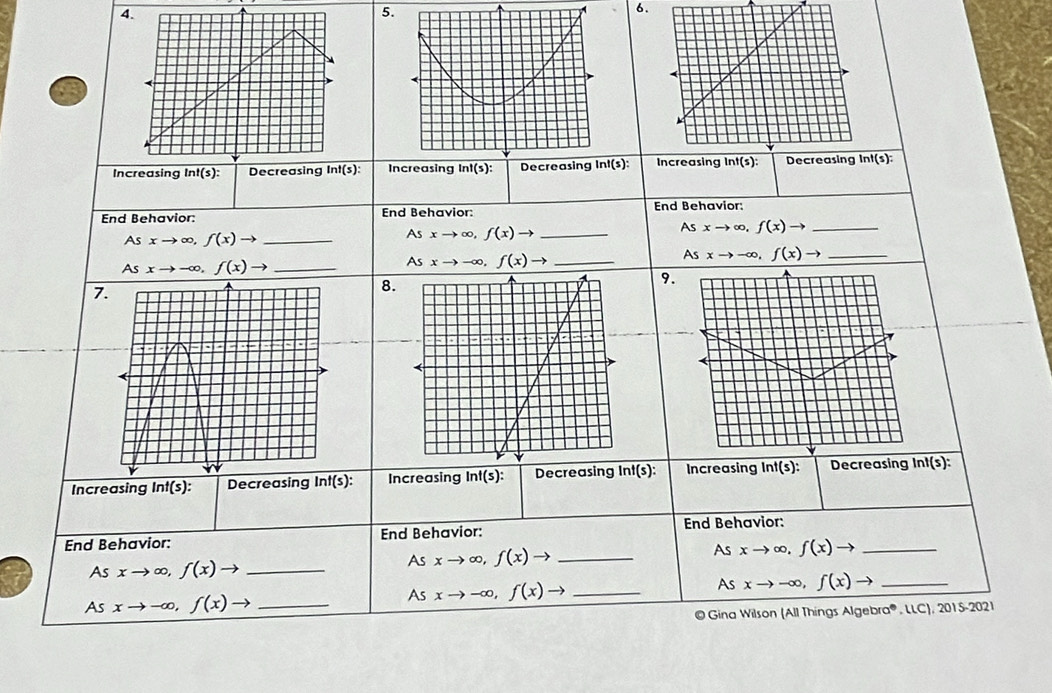 Increasing overline ln t(s): Int(s): Increasing In!(s): Int(s):
End Behavior: End Behavior: End Behavior:
Asxto ∈fty ,f(x)to _
As xto ∈fty ,f(x)to _
Asxto ∈fty ,f(x)to _
Asxto -∈fty ,f(x)to _
A sxto -∈fty ,f(x)to _
Asxto -∈fty ,f(x)to _
9.
7.
8.
A
Increasing Intnt(s): Decreasing I nf(s) Increasing Inf(s): Decreasing Inf(s): Increasing overline ln t(s): Decreasing In!(s):
End Behavior: End Behavior: End Behavior:
As xto ∈fty ,f(x)to _
As xto ∈fty ,f(x)to _As xto ∈fty ,f(x)to _
As
As xto -∈fty ,f(x)to _
As xto -∈fty ,f(x)to _ xto -∈fty ,f(x)to _
© Gina Wilson (All Things Algebra®, LLC), 2015-2021