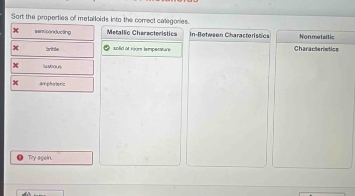 Sort the properties of metalloids into the correct categories.
x semiconducting Metallic Characteristics In-Between Characteristics Nonmetallic
brittle solid at room temperature Characteristics
lustrous
x amphoteric
Try again.