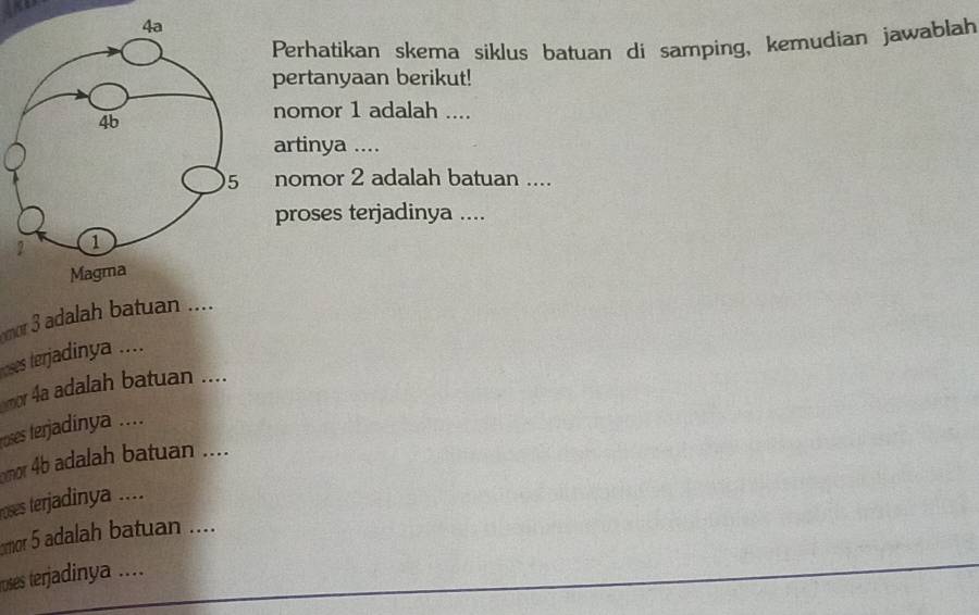 Perhatikan skema siklus batuan di samping, kemudian jawablah 
pertanyaan berikut! 
nomor 1 adalah .... 
artinya .... 
nomor 2 adalah batuan .... 
proses terjadinya .... 
mor 3 adalah batuan .... 
ses terjadinya .... 
or 4a adalah batuan .... 
oses terjadinya .... 
mor 4b adalah batuan .... 
roses terjadinya .... 
mor 5 adalah batuan .... 
uses terjadinya ....