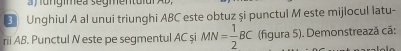 ungmea segentuid 
3 Unghiul A al unui triunghi ABC este obtuz și punctul M este mijlocul latu- 
rii AB. Punctul N este pe segmentul AC şi MN= 1/2 BC (figura 5). Demonstrează cã :