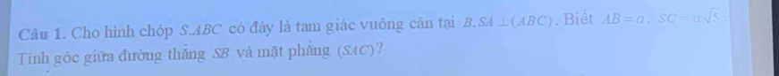 Cho hình chóp S. ABC có đáy là tam giác vuông cân tại B. SA⊥ (ABC). Biết AB=a, SC=asqrt(S). 
Tinh góc giữa đường thắng SB và mặt phẳng (SAC)?