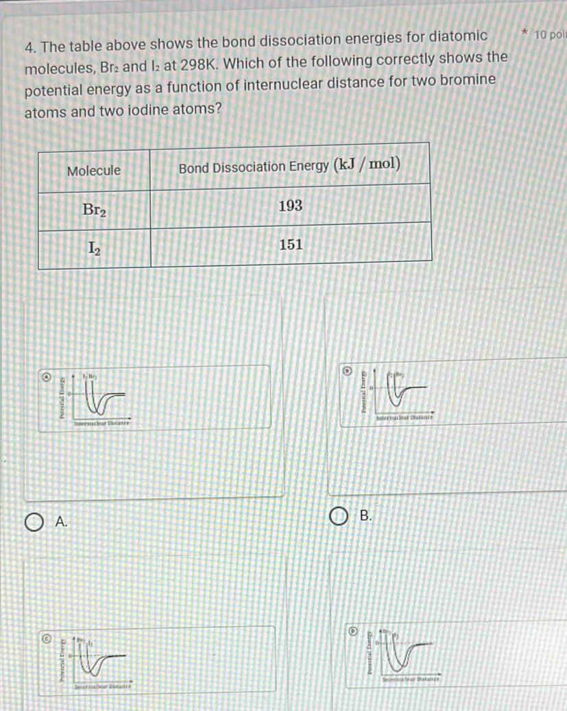 The table above shows the bond dissociation energies for diatomic 10 poi
molecules, Br₂ and l_2 at 298K. Which of the following correctly shows the
potential energy as a function of internuclear distance for two bromine
atoms and two iodine atoms?
l_2B
:
Eerra ne Dugaro =errcinas Distáric=
A.
B.
C on tüstese Cratane