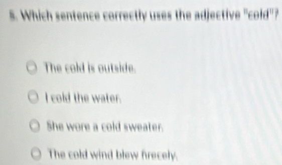 Which sentence correctly uses the adjective "cold"?
The cold is outside.
I cold the water.
She wore a cold sweater.
The cold wind blew frecely.