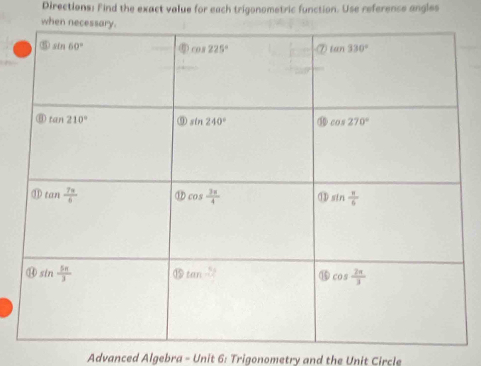 Directions: Find the exact value for each trigonometric function. Use referense angles
Advanced Algebra - Unit 6: Trigonometry and the Unit Circle