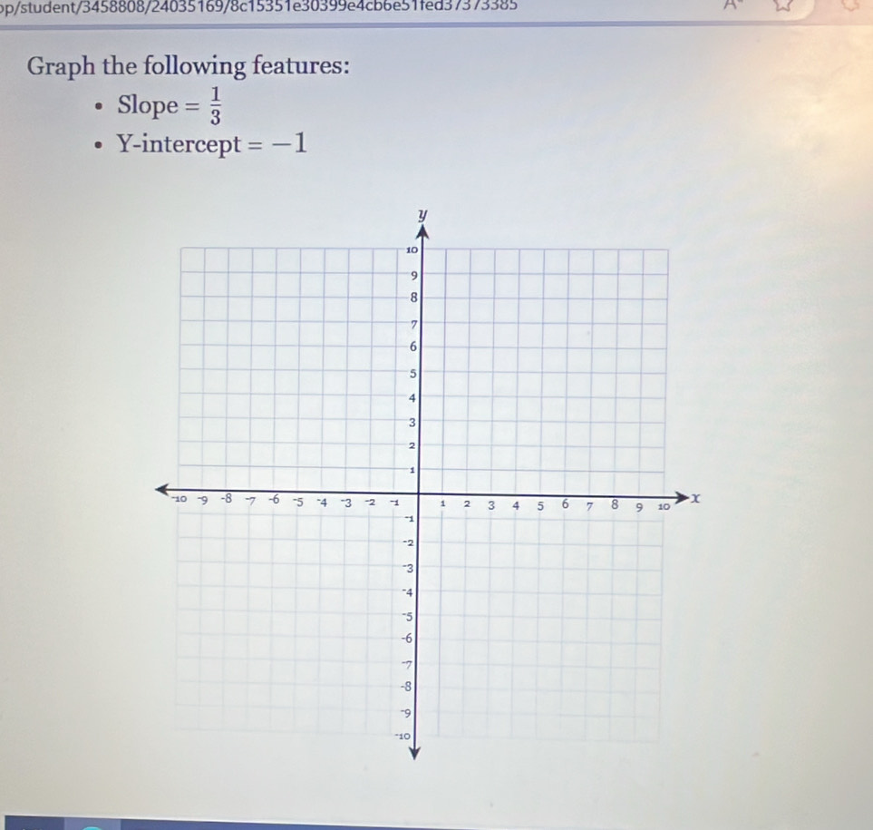 pp/student/3458808/24035169/8c15351e30399e4cb6e51fed37373385 
Graph the following features: 
Slope = 1/3 
Y-intercept =-1