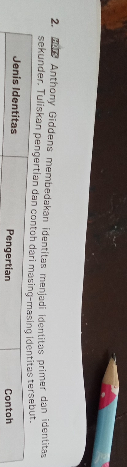 His Anthony Giddens membedakan identitas menjadi identitas primer dan identitas 
sekunder. Tuliskan pengertian dan contoh dari masing-masing identitas tersebut. 
Jenis Identitas Pengertian 
Contoh