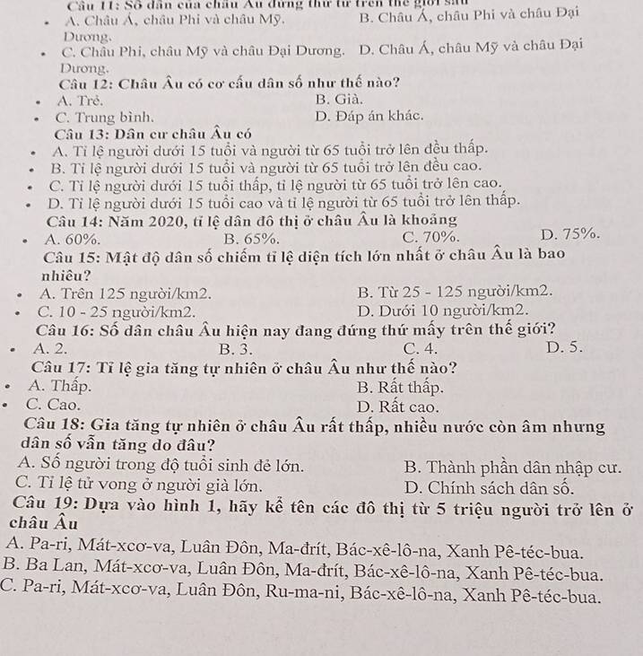 Cầu 11: Số dân của châu Âu đứng thứ tư trên thể giời sau
A. Châu Á, châu Phi và châu Mỹ. B. Châu Á, châu Phi và châu Đại
Dương,
C. Châu Phi, châu Mỹ và châu Đại Dương. D. Châu Á, châu Mỹ và châu Đại
Dương.
Câu 12: Châu Âu có cơ cấu dân số như thế nào?
A. Trẻ. B. Già.
C. Trung bình. D. Đáp án khác.
Câu 13: Dân cư châu Âu có
A. Tỉ lệ người dưới 15 tuổi và người từ 65 tuổi trở lên đều thấp.
B. Tỉ lệ người dưới 15 tuổi và người từ 65 tuổi trở lên đều cao.
C. Tỉ lệ người dưới 15 tuổi thấp, tỉ lệ người từ 65 tuổi trở lên cao.
D. Tỉ lệ người dưới 15 tuổi cao và tỉ lệ người từ 65 tuổi trở lên thấp.
Câu 14: Năm 2020, tỉ lệ dân đô thị ở châu Âu là khoảng
A. 60%. B. 65%. C. 70%. D. 75%.
Câu 15: Mật độ dân số chiếm tỉ lệ diện tích lớn nhất ở châu Âu là bao
nhiêu?
A. Trên 125 người/km2. B. Từ 25 - 125 người/km2.
C. 10 - 25 người/km2. D. Dưới 10 người/km2.
Câu 16: Số dân châu Âu hiện nay đang đứng thứ mấy trên thế giới?
A. 2. B. 3. C. 4. D. 5.
Câu 17: Tỉ lệ gia tăng tự nhiên ở châu Âu như thế nào?
A. Thấp. B. Rất thấp.
C. Cao. D. Rất cao.
Câu 18: Gia tăng tự nhiên ở châu Âu rất thấp, nhiều nước còn âm nhưng
dân số vẫn tăng do đâu?
A. Số người trong độ tuổi sinh đẻ lớn. B. Thành phần dân nhập cư.
C. Tỉ lệ tử vong ở người già lớn. D. Chính sách dân số.
Câu 19: Dựa vào hình 1, hãy kể tên các đô thị từ 5 triệu người trở lên ở
châu Âu
A. Pa-ri, Mát-xcơ-va, Luân Đôn, Ma-đrít, Bác-xê-lô-na, Xanh Pê-téc-bua.
B. Ba Lan, Mát-xcơ-va, Luân Đôn, Ma-đrít, Bác-xê-lô-na, Xanh Pê-téc-bua.
C. Pa-ri, Mát-xcơ-va, Luân Đôn, Ru-ma-ni, Bác-xê-lô-na, Xanh Pê-téc-bua.