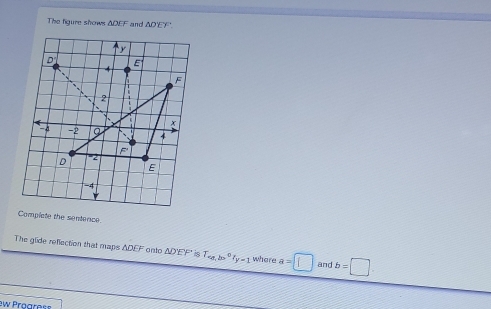The figure shows △ DEF and △ D'EY'
Complete the sentence
The glide reflection that maps △ DEF anto △ D'E' i8 T_a,b>0o_y=1 whare a=□ and b=□ .
ew Proar