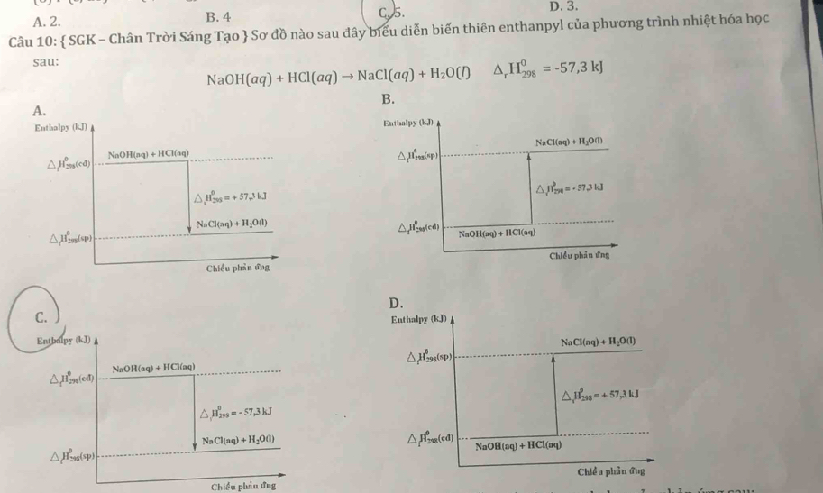 A. 2. B. 4 C. 5.
D. 3.
Câu 10:  SGK - Chân Trời Sáng Tạo  Sơ đồ nào sau dây biểu diễn biến thiên enthanpyl của phương trình nhiệt hóa học
sau:
NaOH(aq)+HCl(aq)to NaCl(aq)+H_2O(l) △ _rH_(298)^0=-57,3kJ
B.
A.
Euthalpy (kJ) Enthalpy (kJ)
NaCl(aq)+H_2O(l)
NaOH(nq)+HCl(aq)
△ _fH_(298)^0(cd)
△ _t^(8H_(298)^8(sp)
△ _1)H_(200)^0=+57.3kJ
△ _1mu _^0approx -57.3kJ
NaCl(aq)+H_2O(l)
△ _1H_(2m)^0(sp)
△ _1H_20^3^0(cd) NaOH(aq)+HCl(aq)
Chiều phản ứng Chiều phản ứng
D.
C.
Euthalpy (kJ)
Entbalpy (kJ)
NaCl(aq)+H_2O(l)
△ H_(298)^0(sp)
NaOH(aq)+HCl(aq)
△ _1H_(299)^0(cd)
△ mu _(128)^(θ)=+57,3kJ
△ H_(298)^0=-57,3kJ
NaCl(aq)+H_2O(l)
△ H_(298)^9(cd) NaOH(aq)+HCl(aq)
△ H_(296)^(θ)(sp)
Chiều phản ứng
Chiều phản ứng