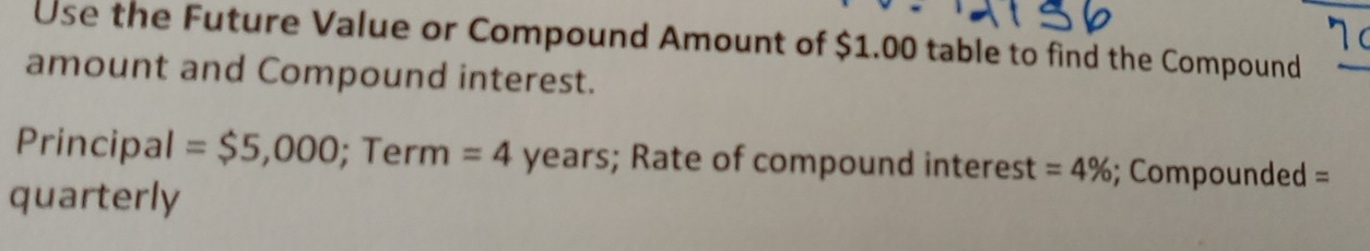 Use the Future Value or Compound Amount of $1.00 table to find the Compound 
amount and Compound interest. 
Principal = $5,000; Term =4 ye ars a ; Rate of compound interest =4%; Compounded = 
quarterly