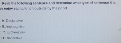 Read the following sentence and determine what type of sentence it is.
ey enjoy eating lunch outside by the pond.
A. Declarative
B. Interrogative
C. Exclamatory
D. Imperative