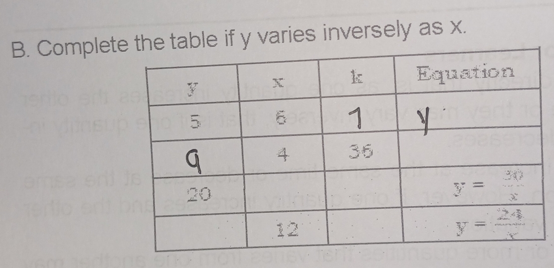 Complettable if y varies inversely as x.