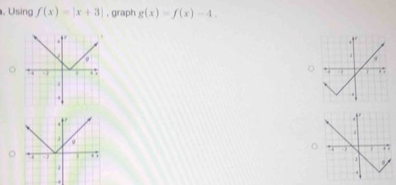 Using f(x)=|x+3| , graph g(x)=f(x)-4.

- 4