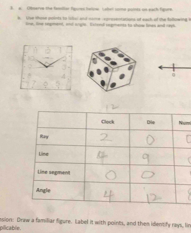 Observe the familiar figures below Label some points on each figure. 
b. Use those points to label and name r epresentations of each of the following in 
line, line segment, and angle. Extend segments to show lines and rays. 
0 
ml 
nsion: Draw a familiar figure. Label it with points, and then identify rays, lin 
plicable.