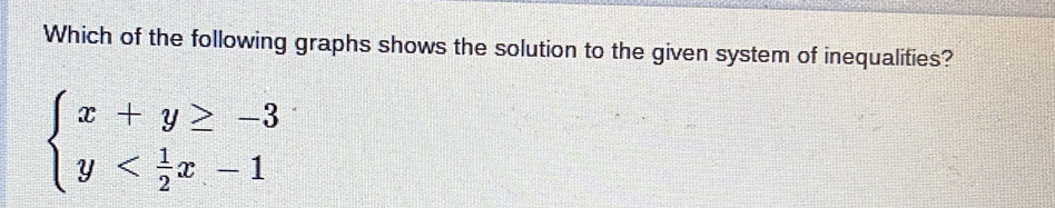 Which of the following graphs shows the solution to the given system of inequalities?
beginarrayl x+y≥ -3 y
