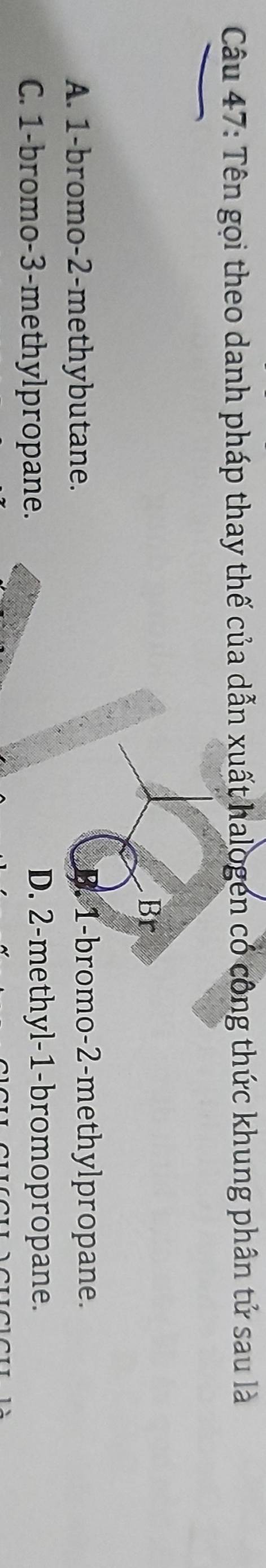 Tên gọi theo danh pháp thay thế của dẫn xuất halogen có công thức khung phân tử sau là
Br
A. 1 -bromo -2 -methybutane.
B. 1 -bromo- 2 -methylpropane.
C. 1 -bromo- 3 -methylpropane.
D. 2 -methyl -1 -bromopropane.